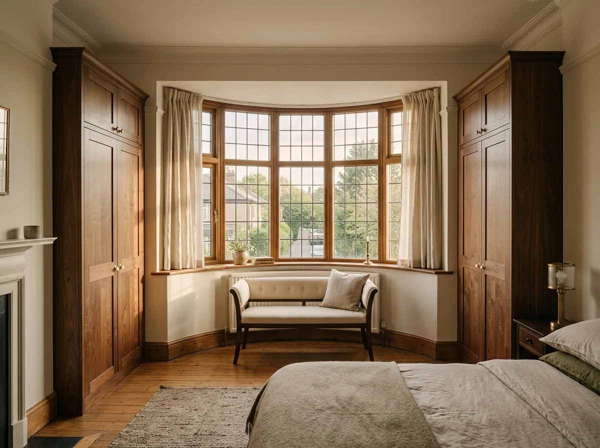 Hinged walnut wardrobe with brushed brass cup handles in a Gomersal suburban family house principal bedroom, warm afternoon raking light.