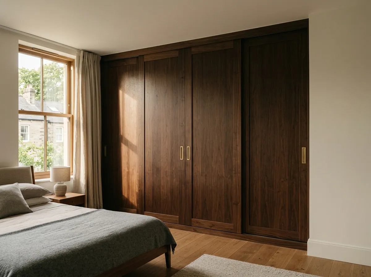 Floor-to-ceiling wall-to-wall sliding wardrobe in deep walnut with brushed brass recessed pulls, fitted in an Apperley Bridge new-build townhouse principal bedroom, tall vertical window admitting warm raking light.