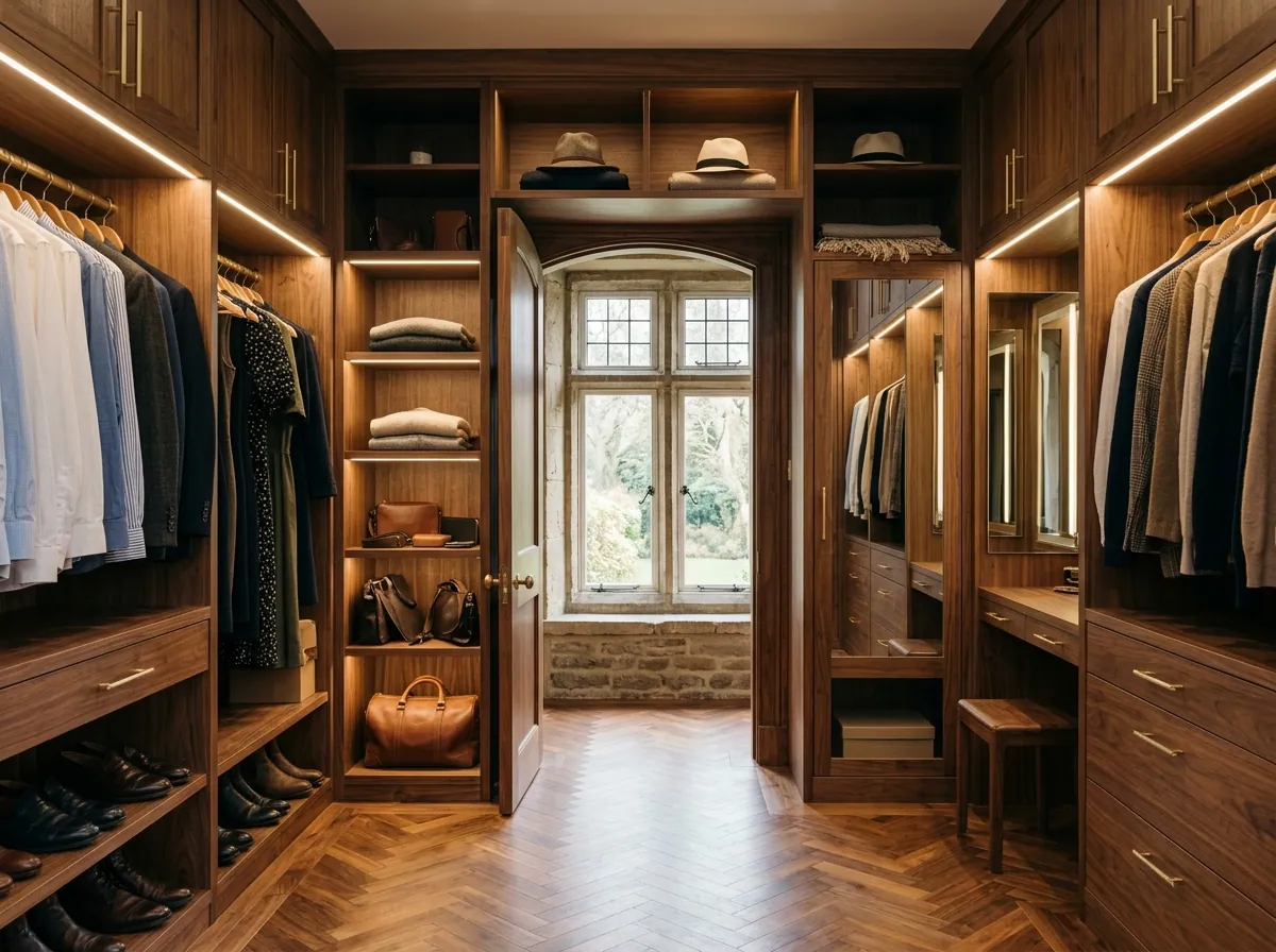 Walk-in fitted wardrobe in an Ilkley stone-built period house, three walls of deep walnut cabinetry with brushed brass pulls and integrated LED, original sash window with stone reveal visible beyond the doorway.