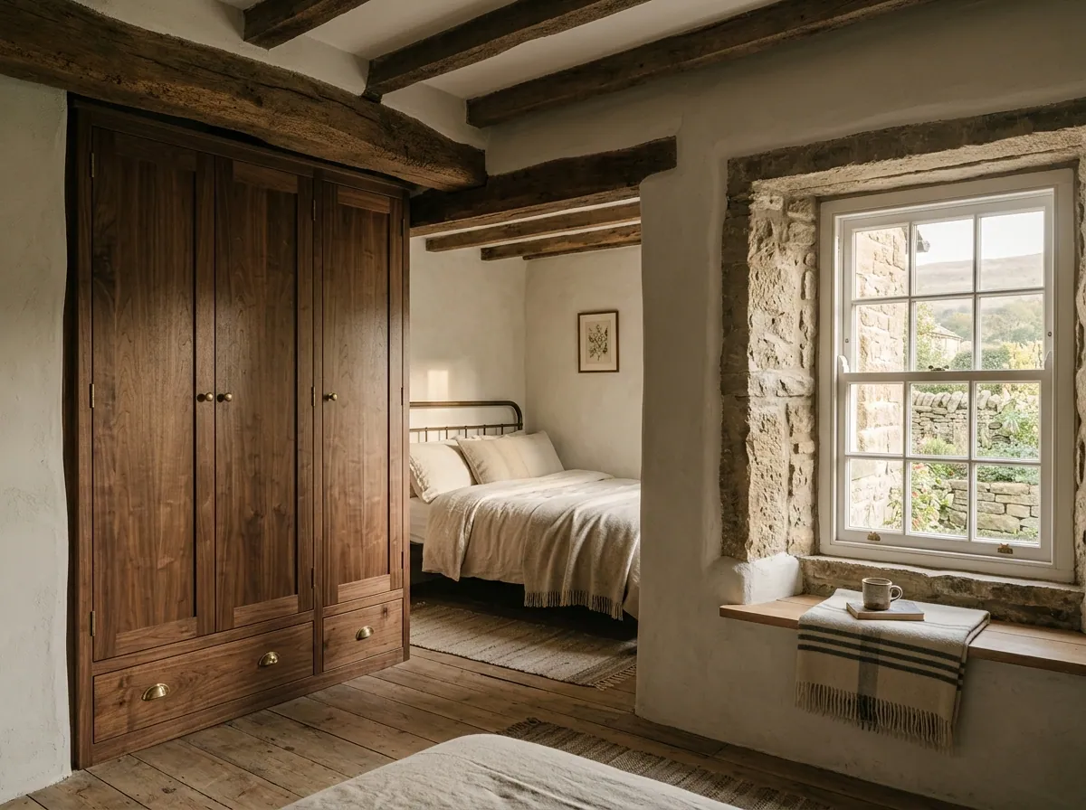 Hinged fitted walnut wardrobe scribed to an original low ceiling beam in a stone-built Baildon cottage bedroom, brushed brass cup handles, original sash window with stone reveal.