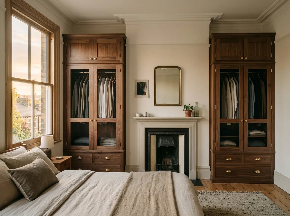 Pair of fitted walnut alcove wardrobes flanking a chimney breast in a Frizinghall Victorian terrace bedroom, original picture rail and cornice scribed across both tops, brushed brass cup handles.