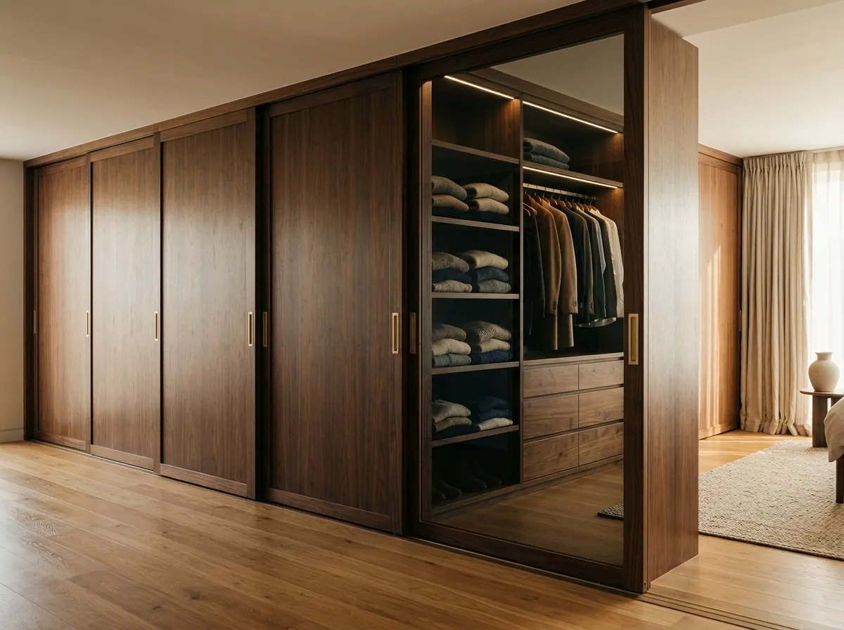 Wall-to-wall sliding wardrobe in deep walnut with brushed brass recessed pulls and a smoked-glass insert, fitted in an Apperley Bridge new-build townhouse principal bedroom.